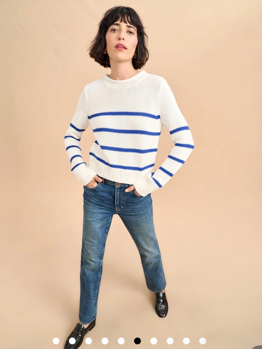 La Ligne White Crewneck Sweater with Cobalt Stripes